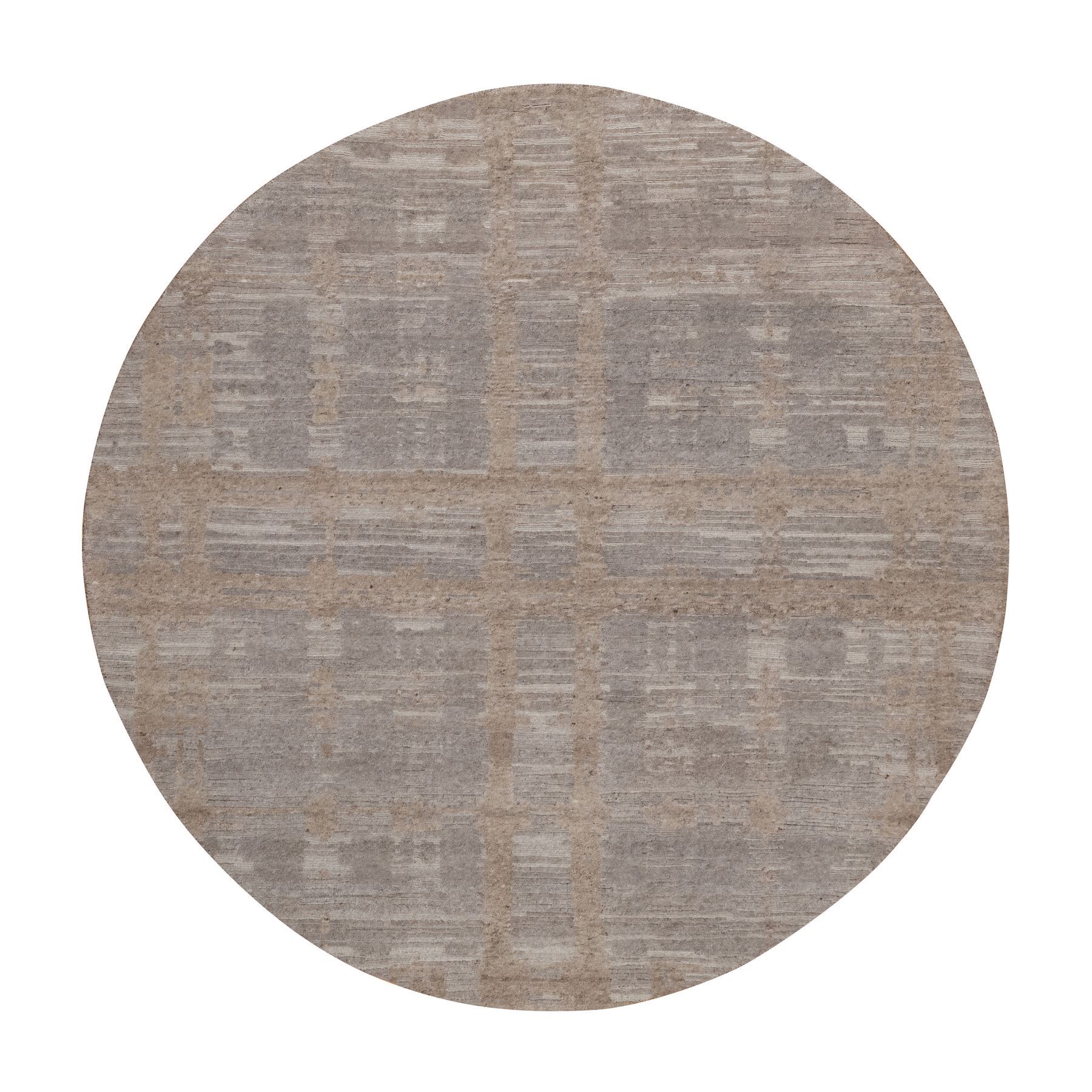 Amphora Brown, Hand Knotted, Modern Criss Cross Erased Design, Hand Spun Undyed Natural Wool, Round, Oriental Rug